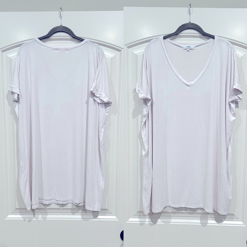 PIKO Size L White V-neck Boxy T-shirt